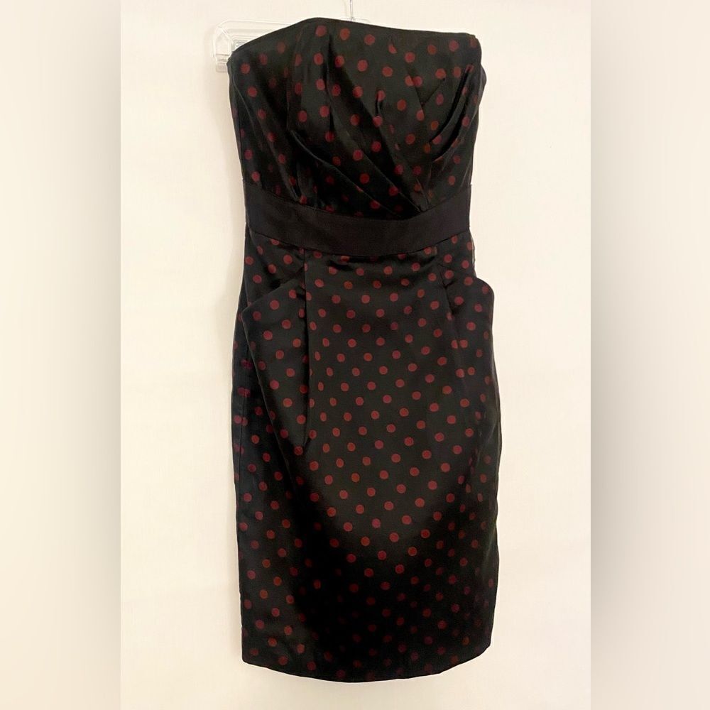 White House Black Market Strapless Elegant Black and Red Polka Dot Dress Size 2